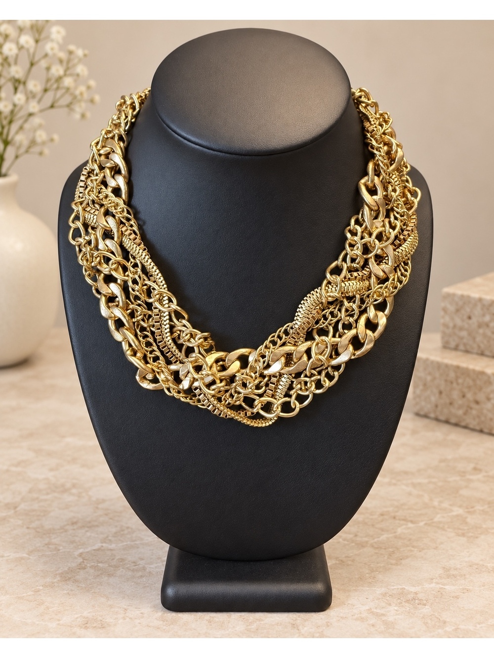 Vintage Gold Tone Multi-Chain Statement Necklace Rhinestone Bar Clasp